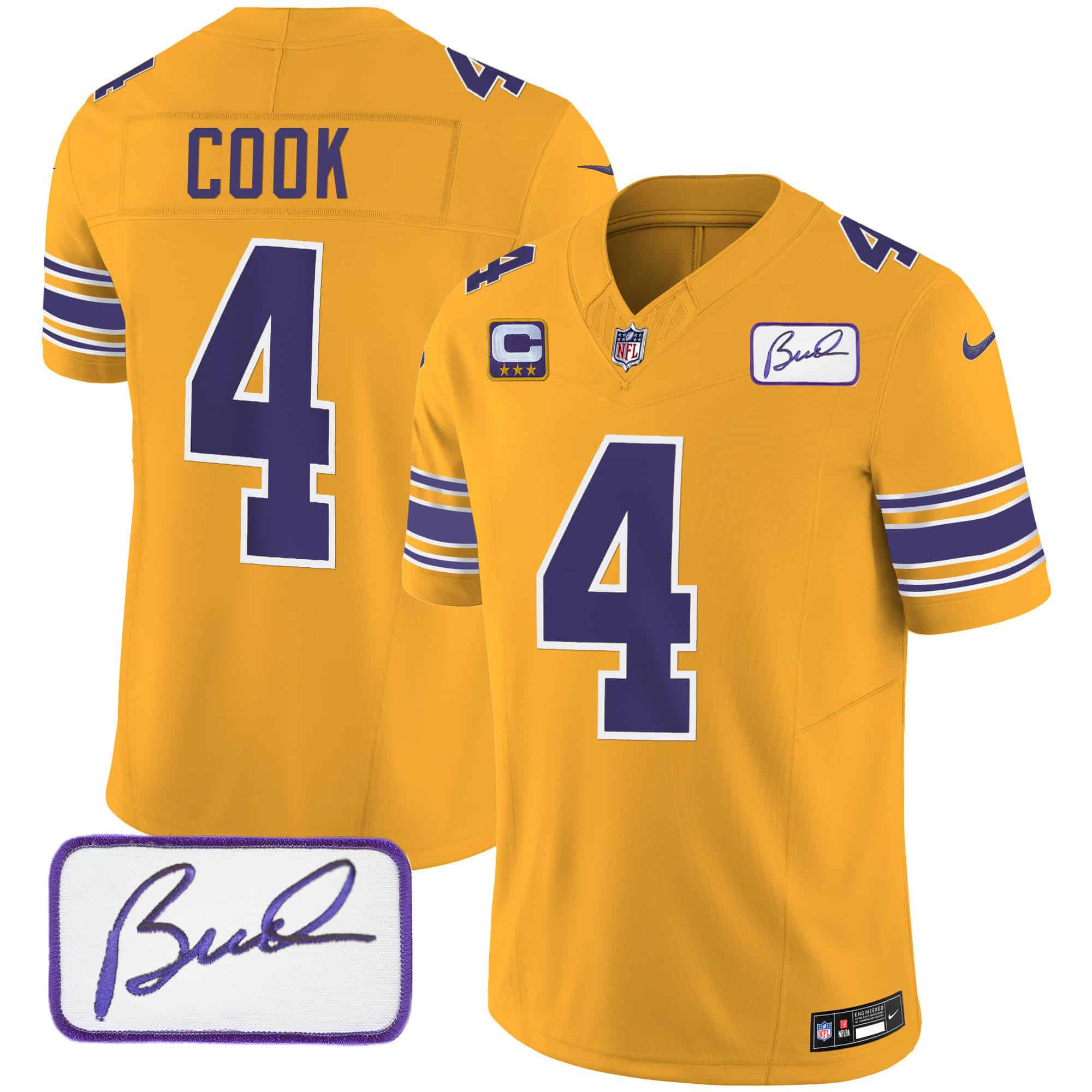 Men Minnesota Vikings #4 Cook Yellow 2024 Nike Bud Grant Patch Classic Limited NFL Jersey